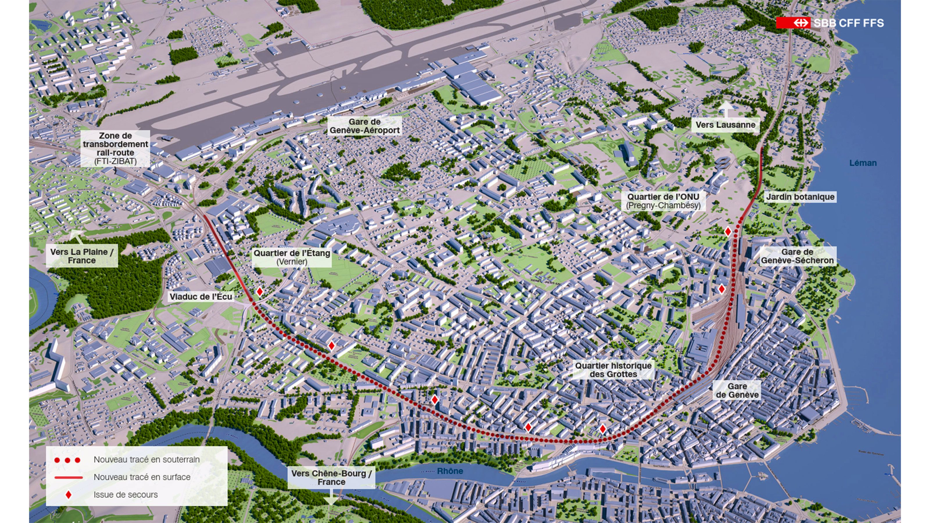 Le tracé reliant la gare souterraine au réseau existant en surface.