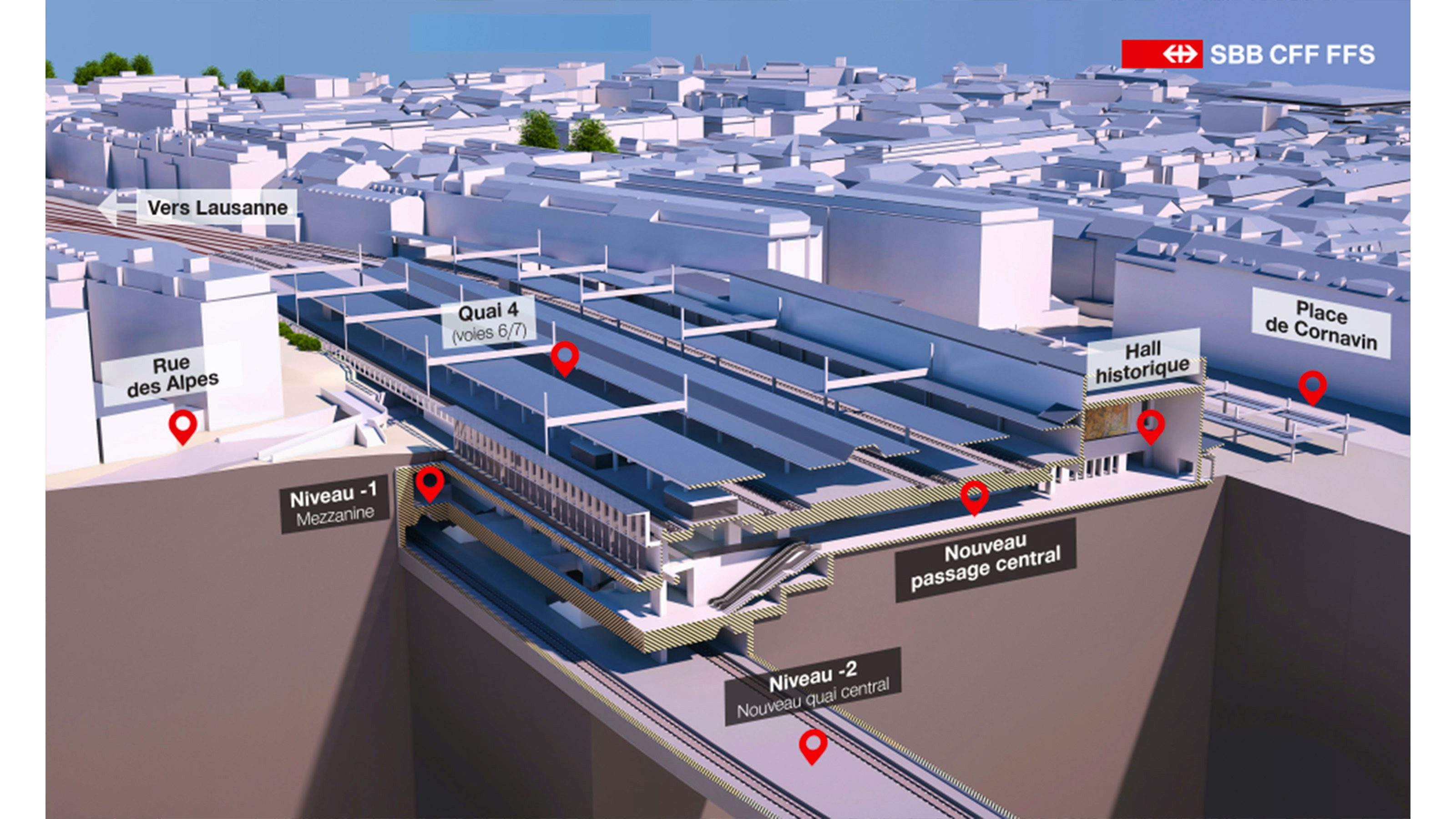 Vue en coupe de la future gare de Genève depuis la place Montbrillant.