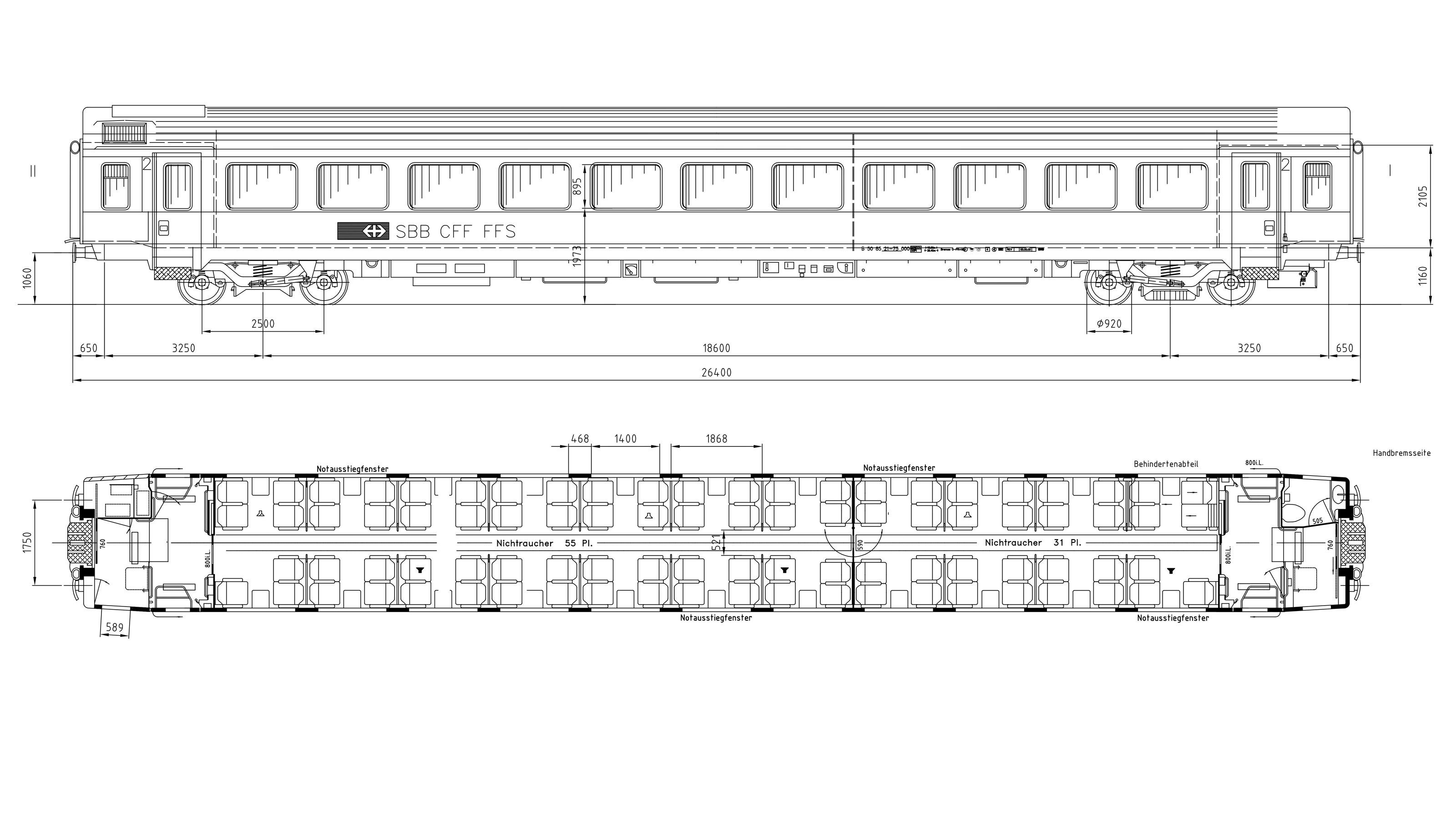 Technical drawing (exterior and interior) of an EW-IV fan carriage.